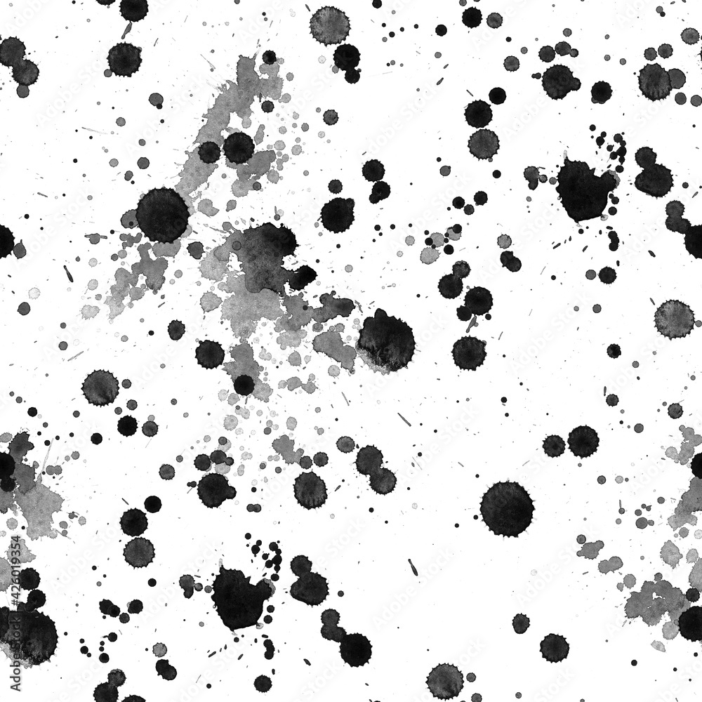 Pattern simple light paint stains on paper. Splashes of black watercolor. Abstract painting in ink.