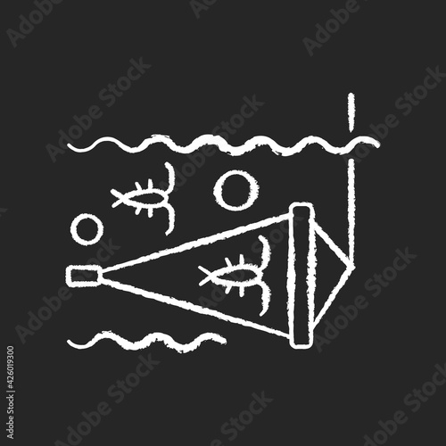 Zooplankton net chalk white icon on black background. Equipment used for collecting samples of plankton in standing bodies of water. Isolated vector chalkboard illustration