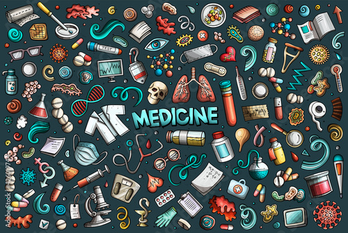 Cartoon set of medicine theme items, objects and symbols
