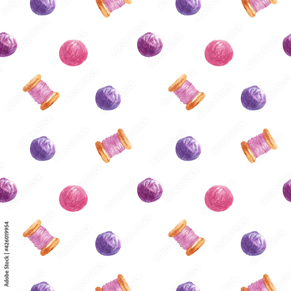seamless pattern with knitting. Hand-painted watercolor illustrations of handicraft accessories: spools of thread, balls of wool, crochet hooks. seamless pattern with knitting. Hand-painted watercolor illustrations of handicraft accessories: spools of thread, balls of wool, crochet hooks.