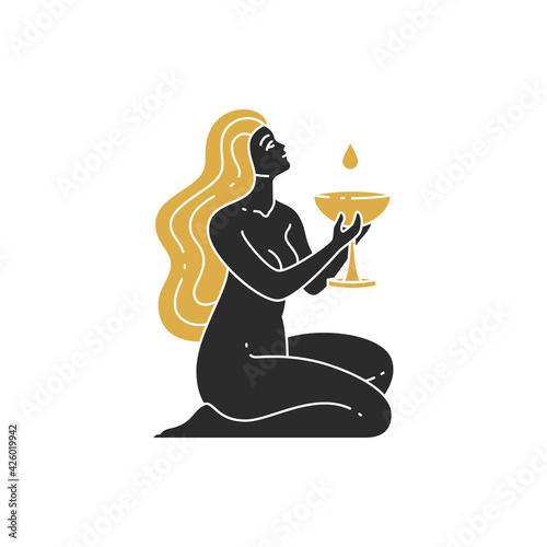 Beautiful woman kneeling and holding goblet silhouette