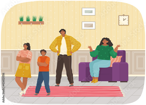 Mutual relations of parents and children, mom and dad scream and scold their naughty children