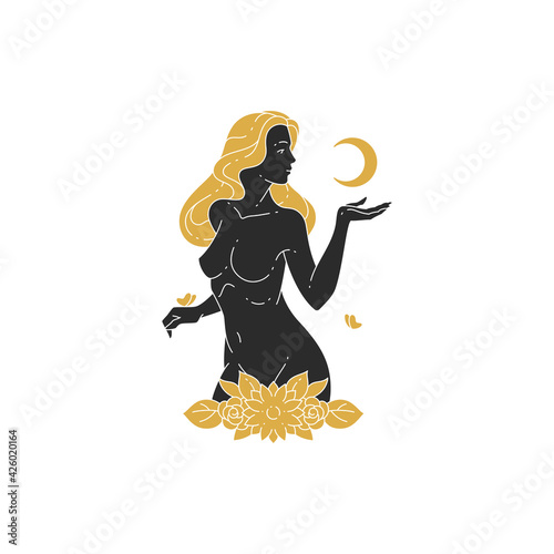 Beauty woman with moon crescent silhouette modern drawing
