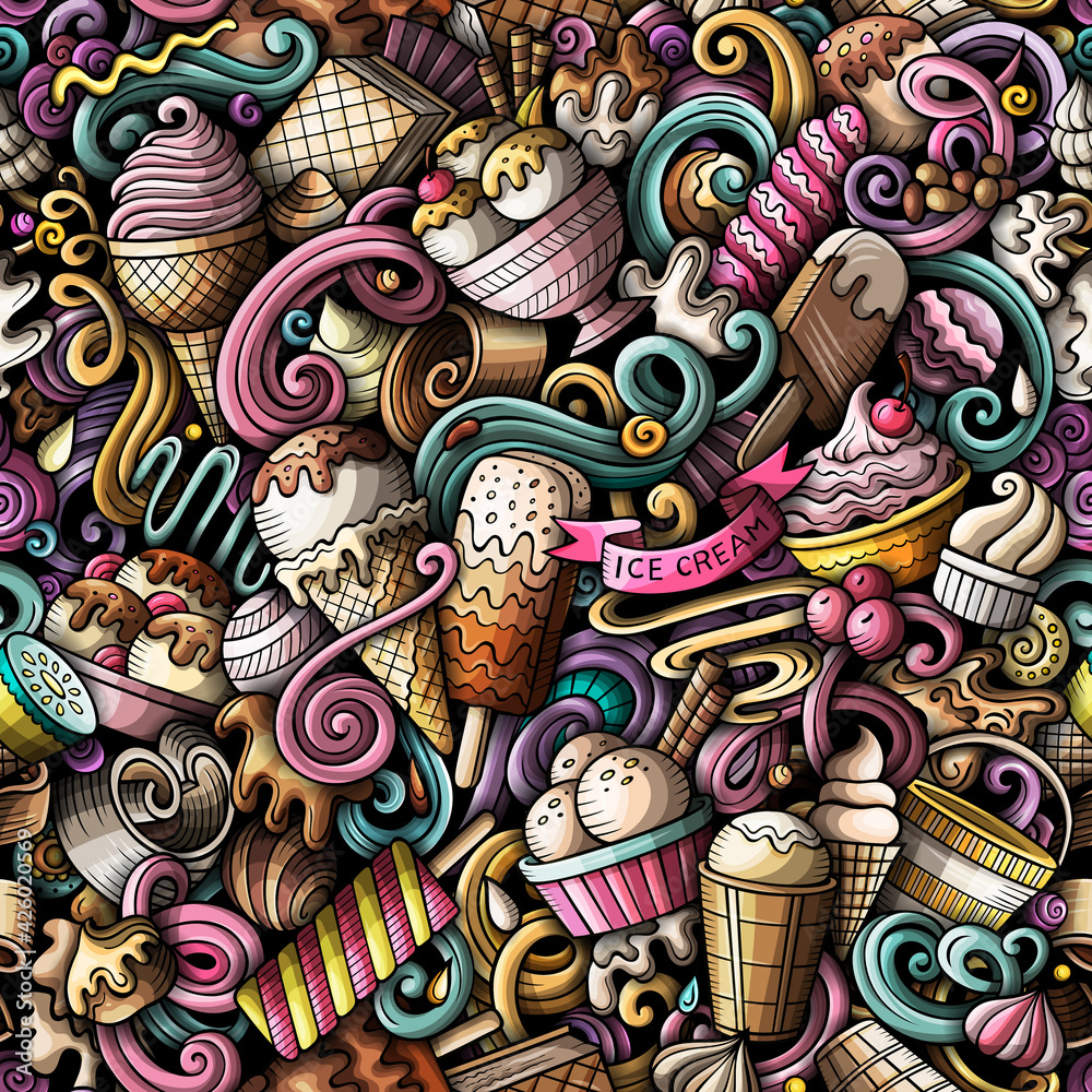Cartoon doodles Ice-cream seamless pattern.