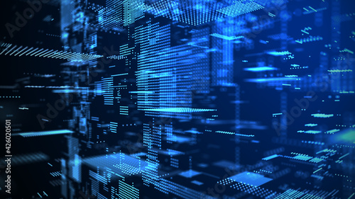 Digital background with moving glowing particles. Futuristic hi-tech illustration. Concept of data transfer in cyberspace. Big data visualization. 3d rendering.