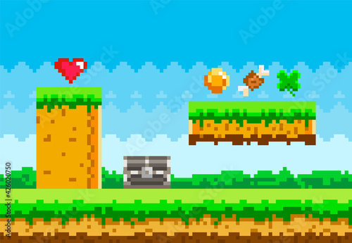 Pixel game background with green grass platform and items collected during gameplay, coins, heart
