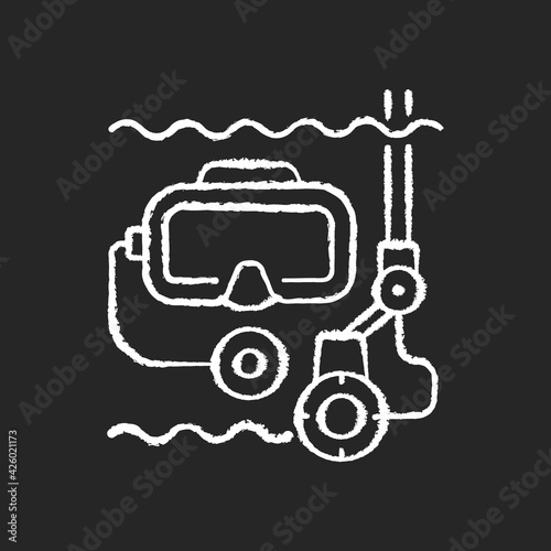 Underwater inspection chalk white icon on black background. Easily inspect areas that are too small for divers to enter. Helps to avoid unnecessary down time. Isolated vector chalkboard illustration