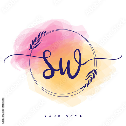 SW Initial handwriting logo. Hand lettering Initials logo branding, Feminine and luxury logo design isolated on colorful watercolor background.