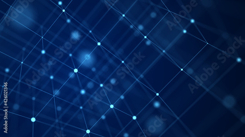 Digital blockchain concept and data transfer system. Abstract wireframe background whith connection dots and lines. Storage cells of datas. 3d rendering.