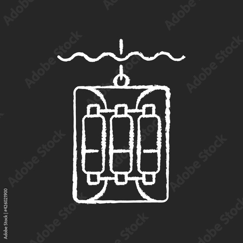Water sampler chalk white icon on black background. Water sampling devices. Bucket dropped over side of boat. Large water bottles sent into ocean on wire. Isolated vector chalkboard illustration