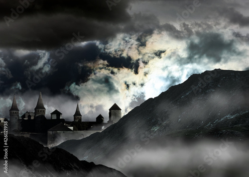 Fantasy world. Mystical castle and mountains covering with fog in night