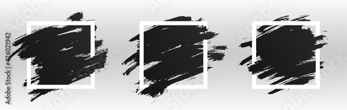 Square white frame with black paint, brush paint ink stroke and grunge texture. Black grunge banner, frame for design. Set of square frames for banner, poster and background with space for text