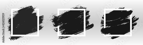 Square white frame with black paint, brush paint ink stroke and grunge texture. Black grunge banner, frame for design. Set of square frames for banner, poster and background with space for text