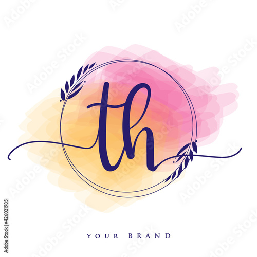 TH Initial handwriting logo. Hand lettering Initials logo branding, Feminine and luxury logo design isolated on colorful watercolor background.
