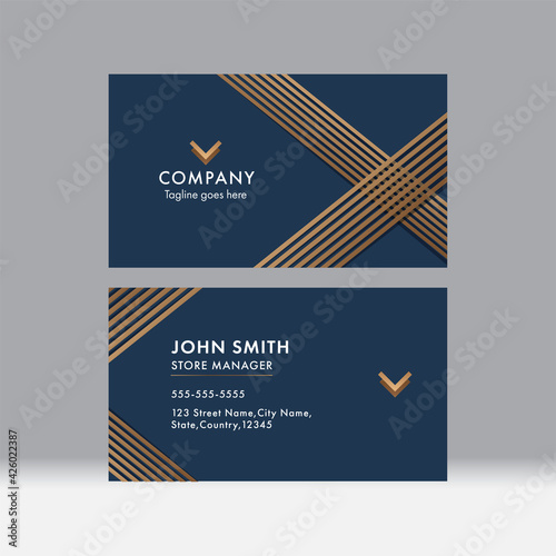 Set Of Business Card Or Horizontal Template In Blue And Bronze Color.