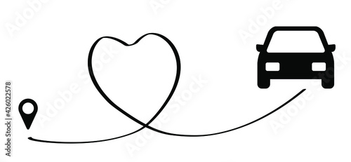 Vacation route, point location holiday symbol. Love car route with pin, romantic travel day. Line pattern. Vector love with heart sign.
