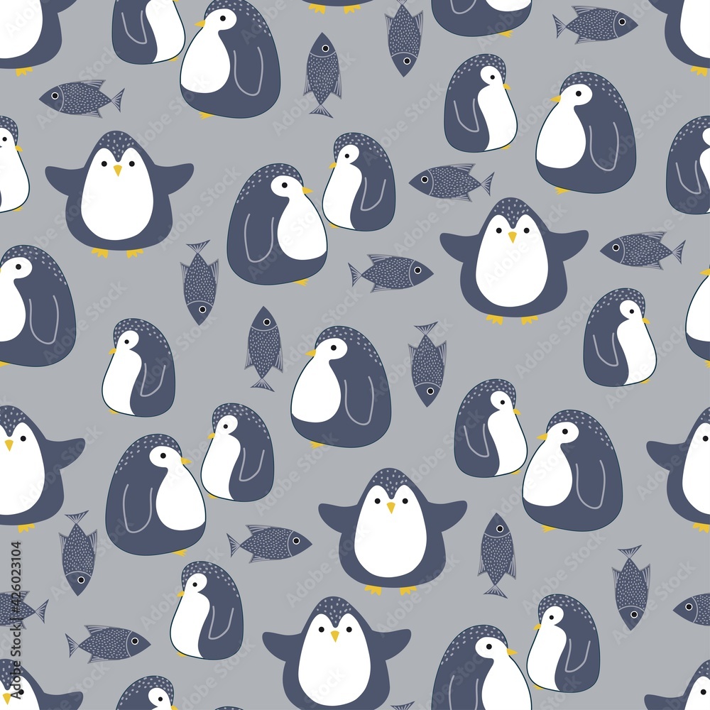 Obraz premium Seamless pattern with cute penguins and fishes. Isolated objects. Vector illustration for fabric, postcards, wallpapers, covers, packaging, wrapping paper.