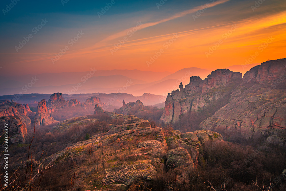 Dreamy sunset over the mountains in Belogradchik, Bulgaria 