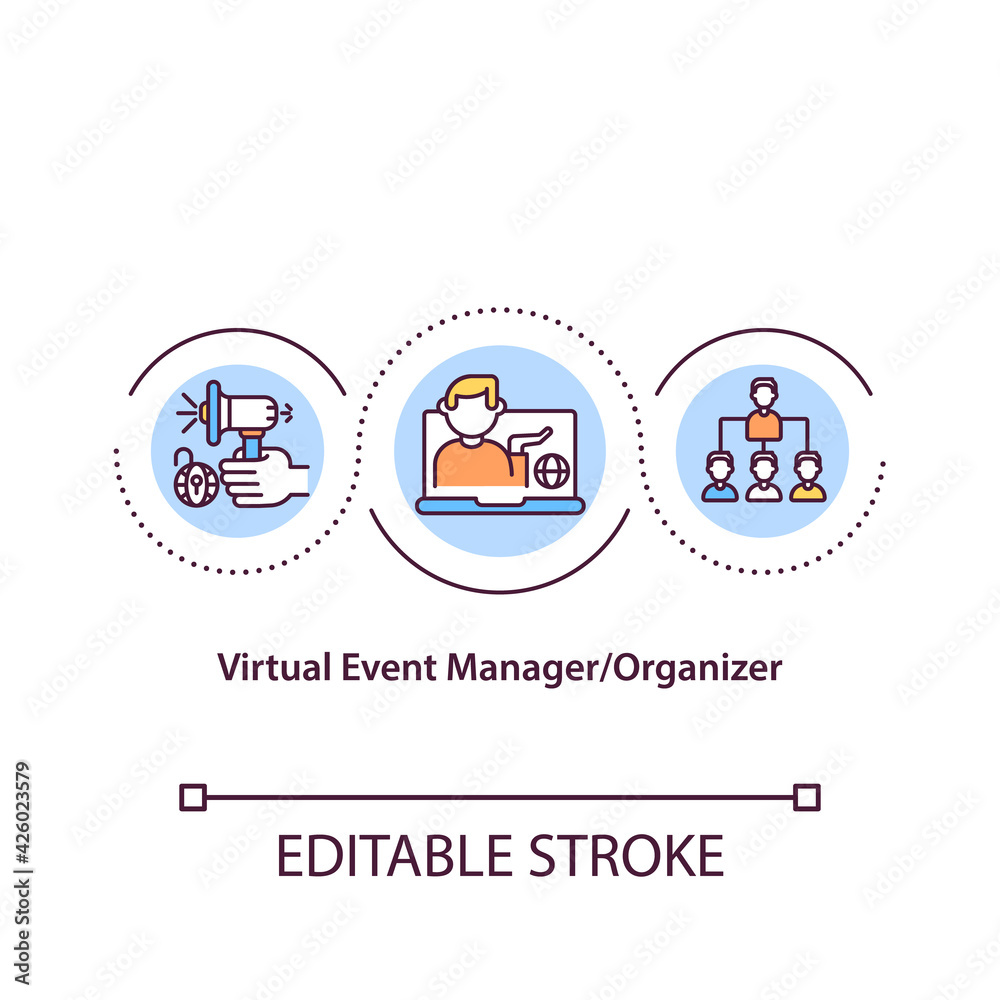 Virtual event manager concept icon. VE organizer idea thin line illustration. Engaging digital experience. Online session management. Vector isolated outline RGB color drawing. Editable stroke Virtual event manager concept icon. VE organizer idea thin line illustration. Engaging digital experience. Online session management. Vector isolated outline RGB color drawing. Editable stroke