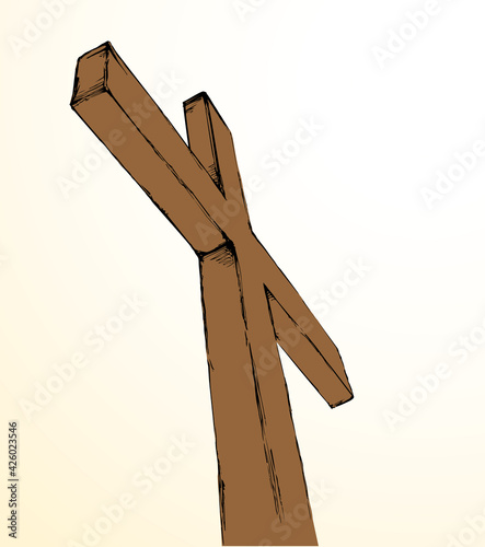Wooden cross on sky background. Vector drawing
