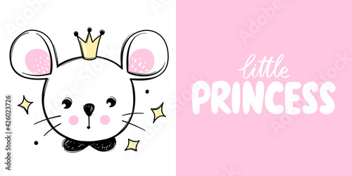 Cute mouse princess with crown isolated on white. Mice illustration. Doodle animal face. Vector character. Hand drawn cartoon Rodent.
