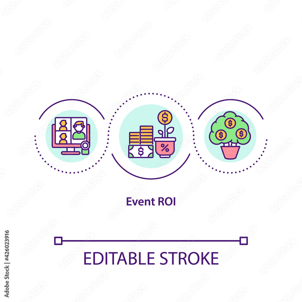 Event ROI concept icon. Net value calculating idea thin line illustration. Sponsorships, partnerships. Return on investment measuring. Vector isolated outline RGB color drawing. Editable stroke Event ROI concept icon. Net value calculating idea thin line illustration. Sponsorships, partnerships. Return on investment measuring. Vector isolated outline RGB color drawing. Editable stroke