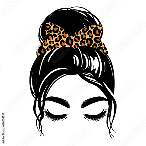 Messy hair bun with leopard bandana or headwrap, vector woman silhouette. Beautiful girl drawing illustration. Female hairstyle.