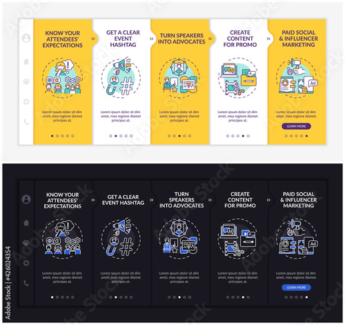 Online conference marketing onboarding vector template. Responsive mobile website with icons. Web page walkthrough 5 step screens. Event hashtag night and day mode concept with linear illustrations