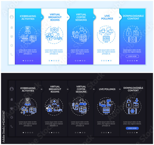 Online gathering success onboarding vector template. Responsive mobile website with icons. Web page walkthrough 5 step screens. Downloadable content night day mode concept with linear illustrations