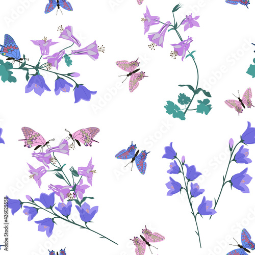 Seamless vector illustration with field bells , aquilegia and butterflies on a white background.
