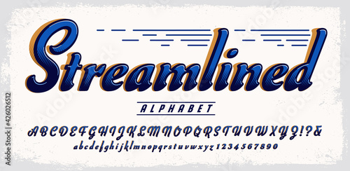 Streamlined Alphabet; A script or cursive style font with tall ascenders and a robust slant. Reminiscent of classic streamline art deco stylings.