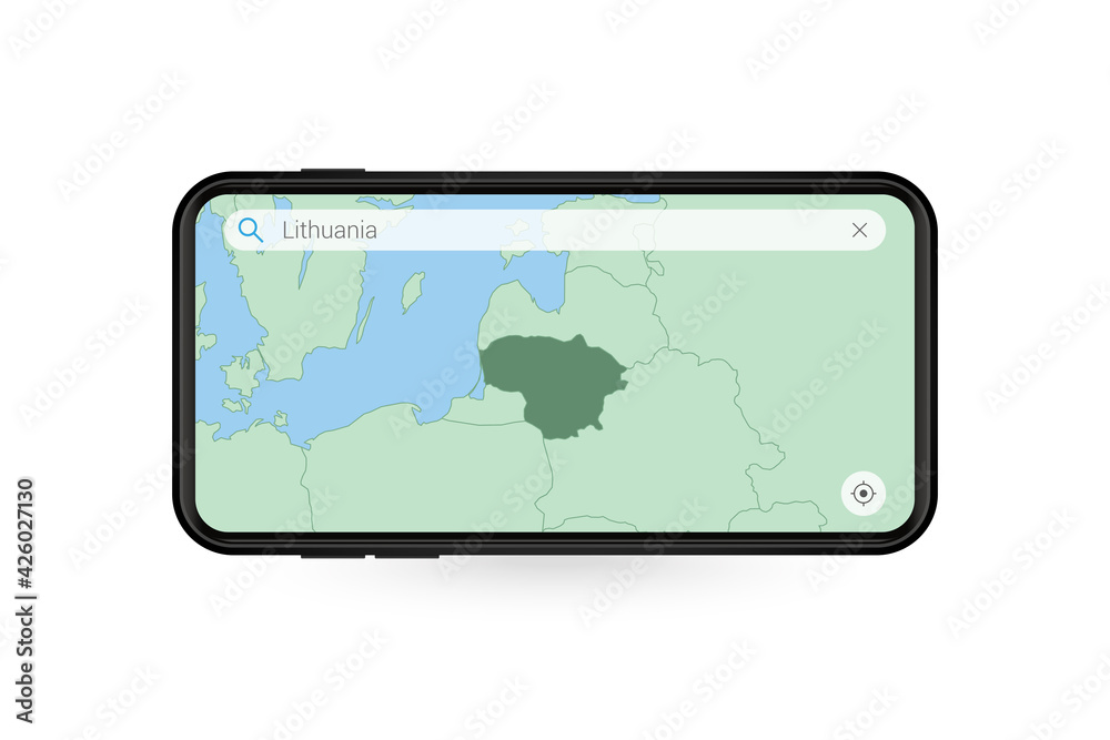 Searching map of Lithuania in Smartphone map application. Map of Lithuania in Cell Phone. Searching map of Lithuania in Smartphone map application. Map of Lithuania in Cell Phone.