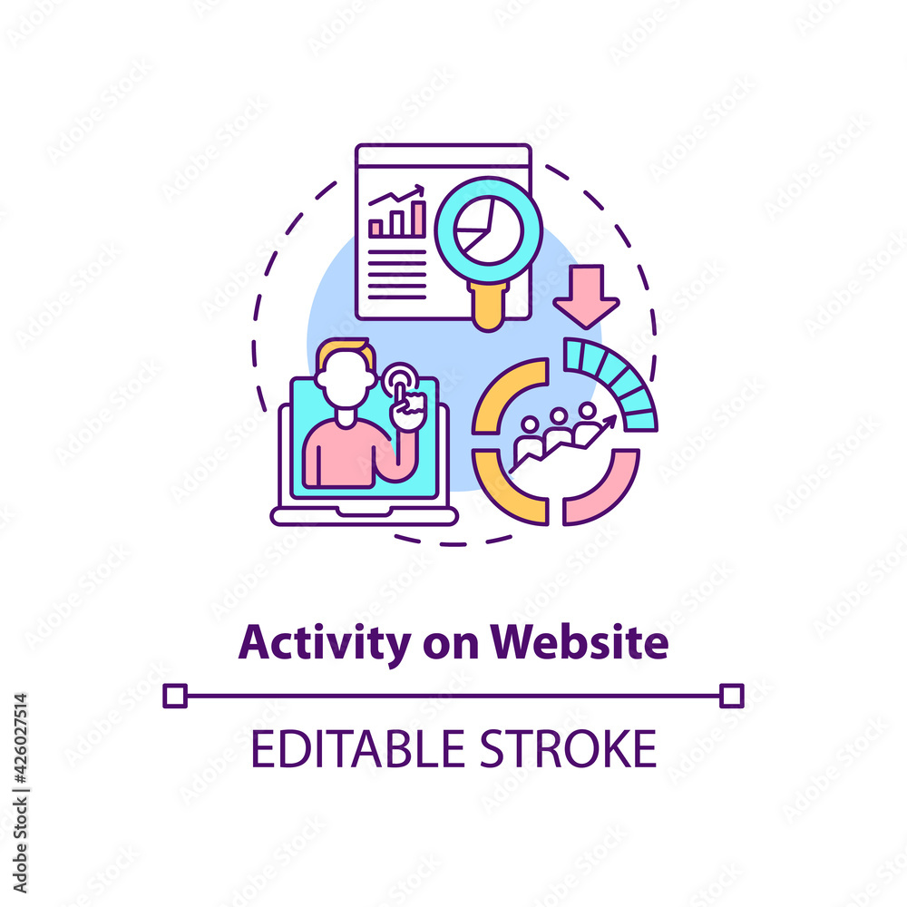 Activity on website concept icon. Internet metrics for business consumers. Online marketing tools. Smart content idea thin line illustration. Vector isolated outline RGB color drawing. Editable stroke