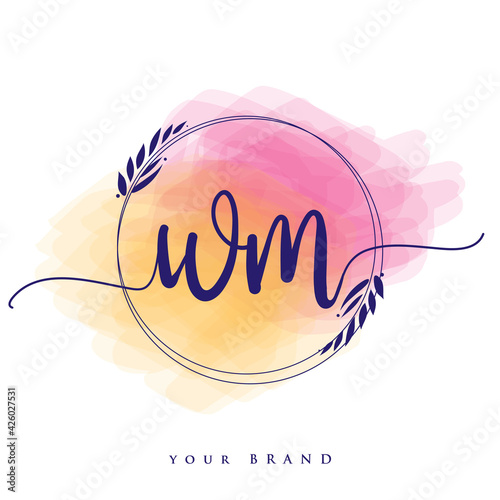 WM Initial handwriting logo. Hand lettering Initials logo branding, Feminine and luxury logo design isolated on colorful watercolor background.