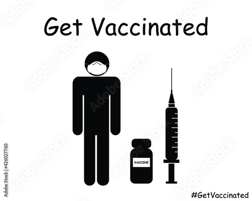Get Vaccinated Stick Man with Mask. Black and White EPS Vector Illustration