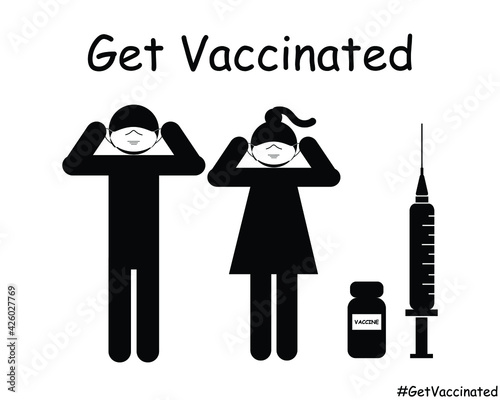 Get Vaccinated Stick Figure Man Woman Couple Wearing Mask. Black and White EPS Vector Illustration Artwork Icon