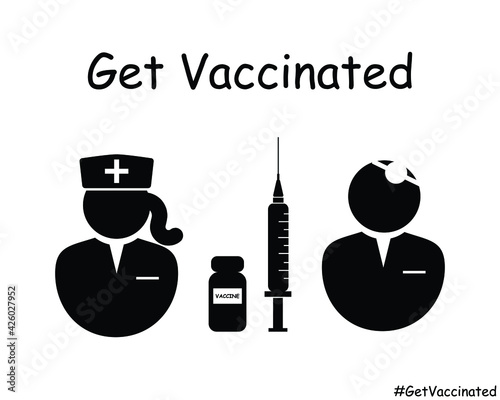 Get Vaccinated Doctor and Nurse Icon. Black and White EPS Vector Illustration. 