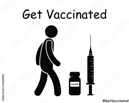 Get Vaccination Stick Figure Man Walking. Black and White EPS Vector Icon Illustration Artwork. 