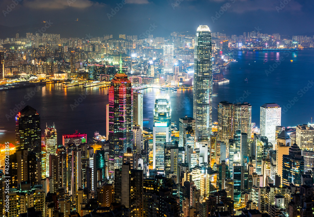 Panoramic night view of Hong Kong from the Victoria peak in Hong Kong.