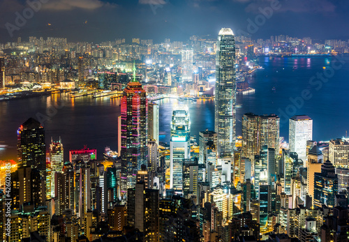 Panoramic night view of Hong Kong from the Victoria peak in Hong Kong.