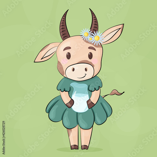 A cute cow in a green dress, with a glass jug of milk.