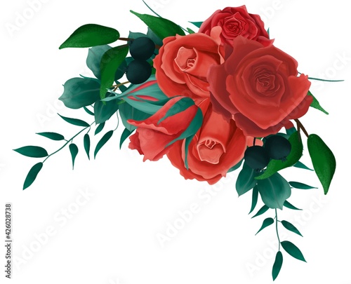 Hand drawn floral bouquet composition with roses and eucalyptus
