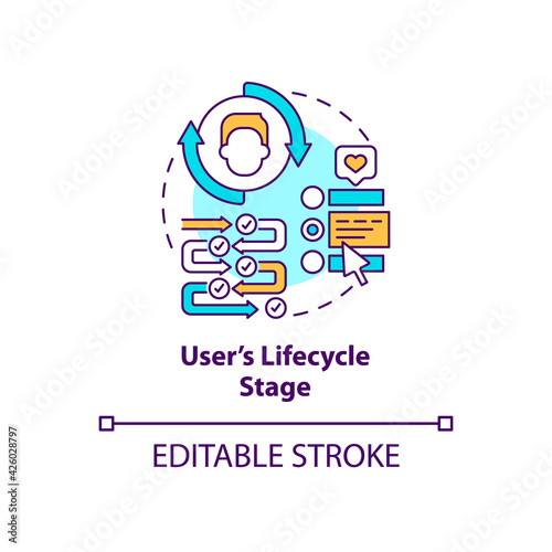 User lifecycle stage concept icon. Company marketing strategy. Consumer journey. Smart content idea thin line illustration. Vector isolated outline RGB color drawing. Editable stroke