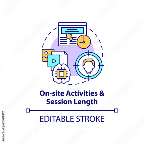 On site activities and session length concept icon. Online metrics. SEO analytics. Smart content idea thin line illustration. Vector isolated outline RGB color drawing. Editable stroke