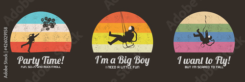 Astronaut on swing. Cosmonaut with balloons. Man silhouette on bungee