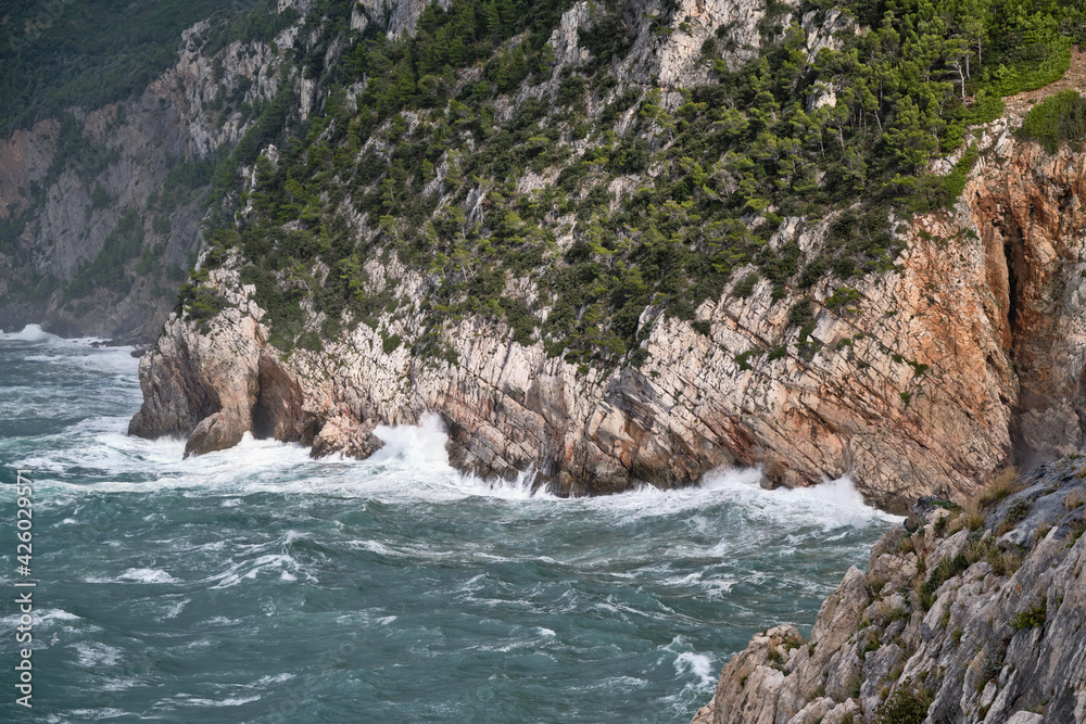 Scenic view of  a cliff  during a very windy day near Portovenere