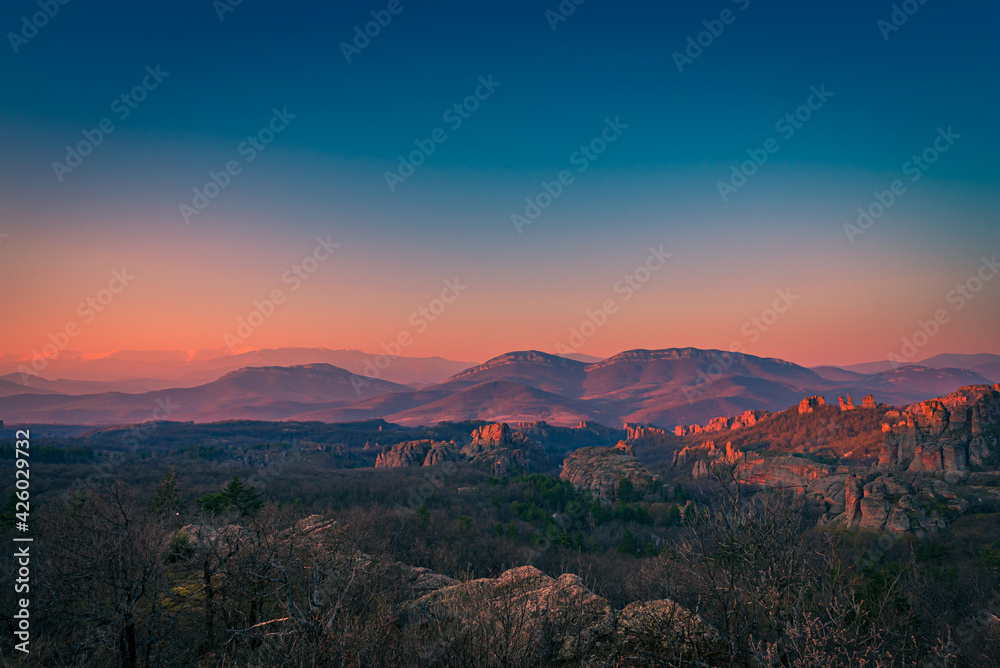 Sunrise over the mountains / Landscape view of Belogradchik rocks, Bulgaria 
