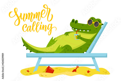 Summer calling hand drawn lettering. Crocodile in sunglasses sunbathing and enjoying summer vacation on the beach. Vector illustration.