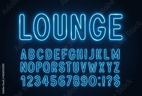 Blue neon light font on a dark background.