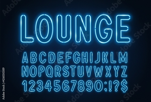 Blue neon light font on a dark background.